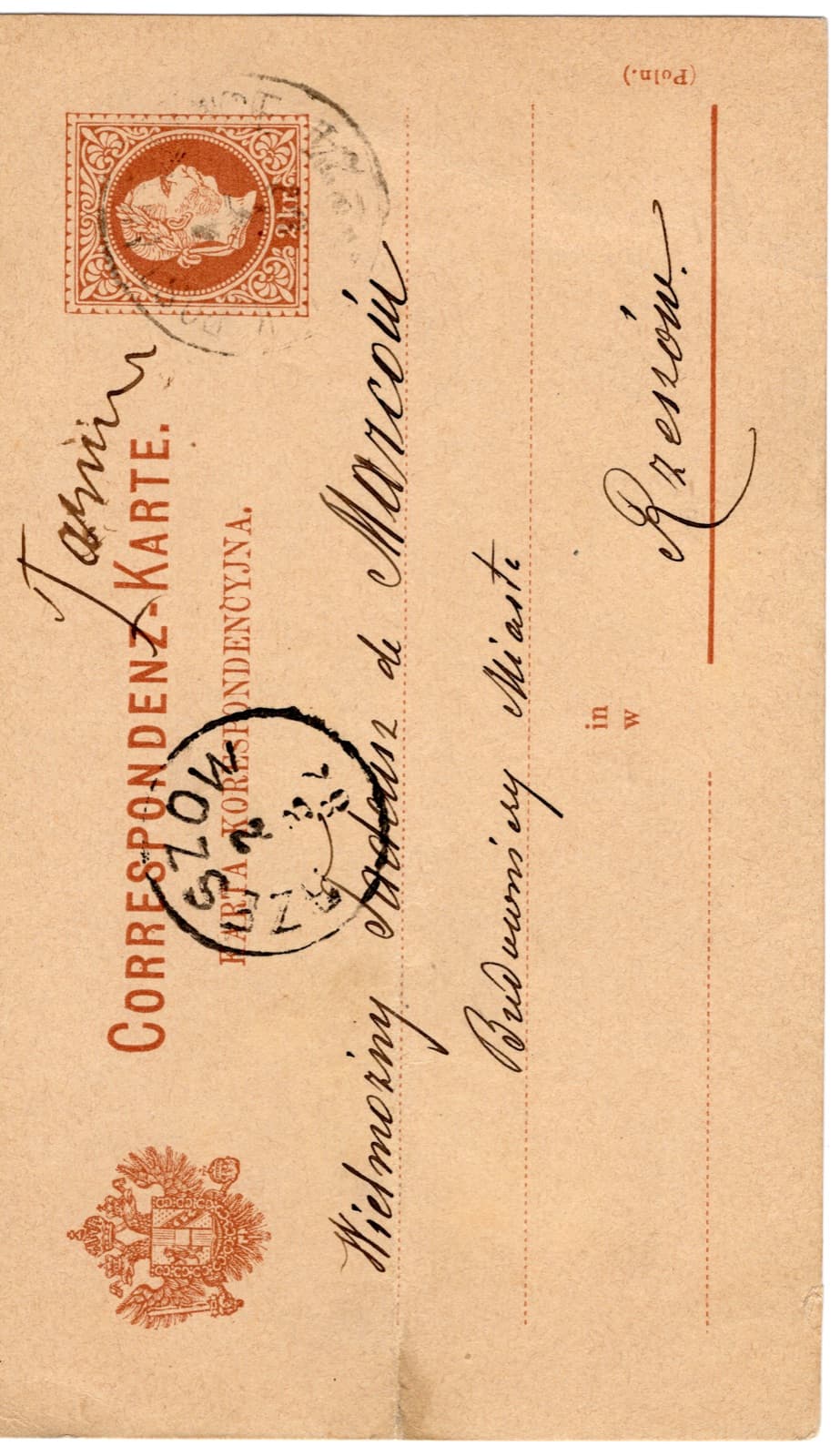 Rzeszów – austriacka karta korespondencyjna (całostka) do Stanisława de Marcou, „Budowniczego Miasta” w Rzeszowie, obieg Tarnów 1882 [filatelia / historia lokalna]